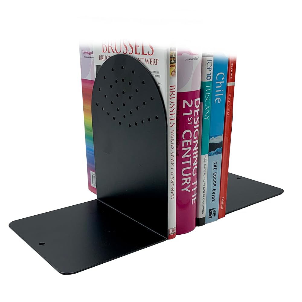 Huron 7in Steel Fanhole Non-Skid Bookends, Pair, Black