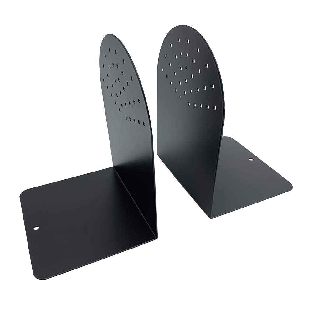 Huron 7in Steel Fanhole Non-Skid Bookends, Pair, Black