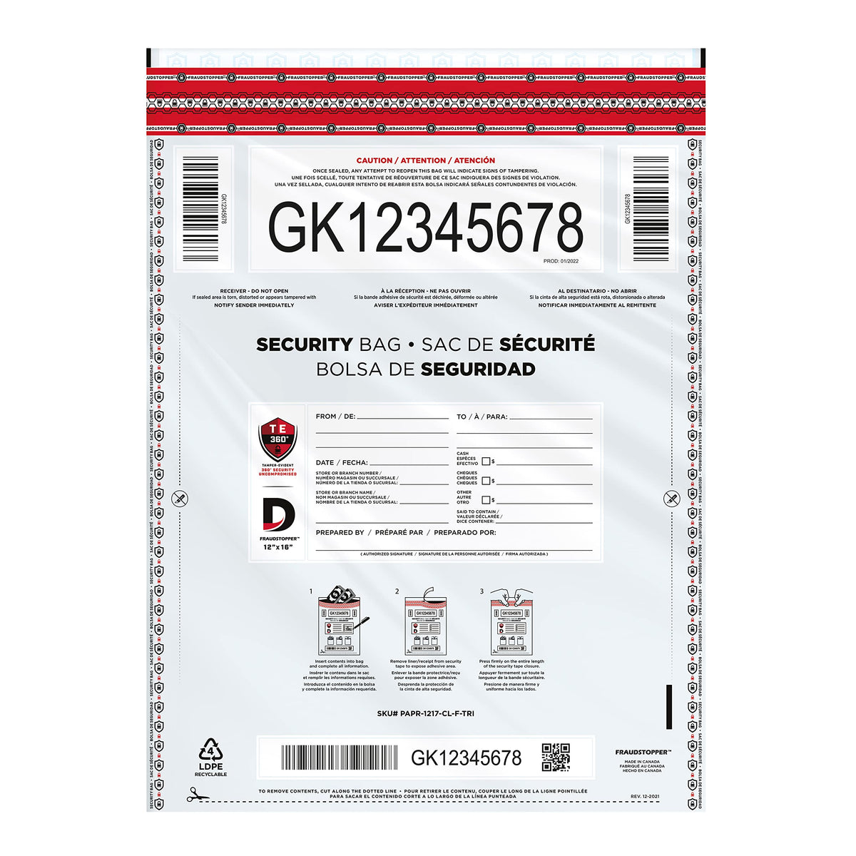 Fraudstopper Level 4 12x16 Clear Tamper Evident Bag