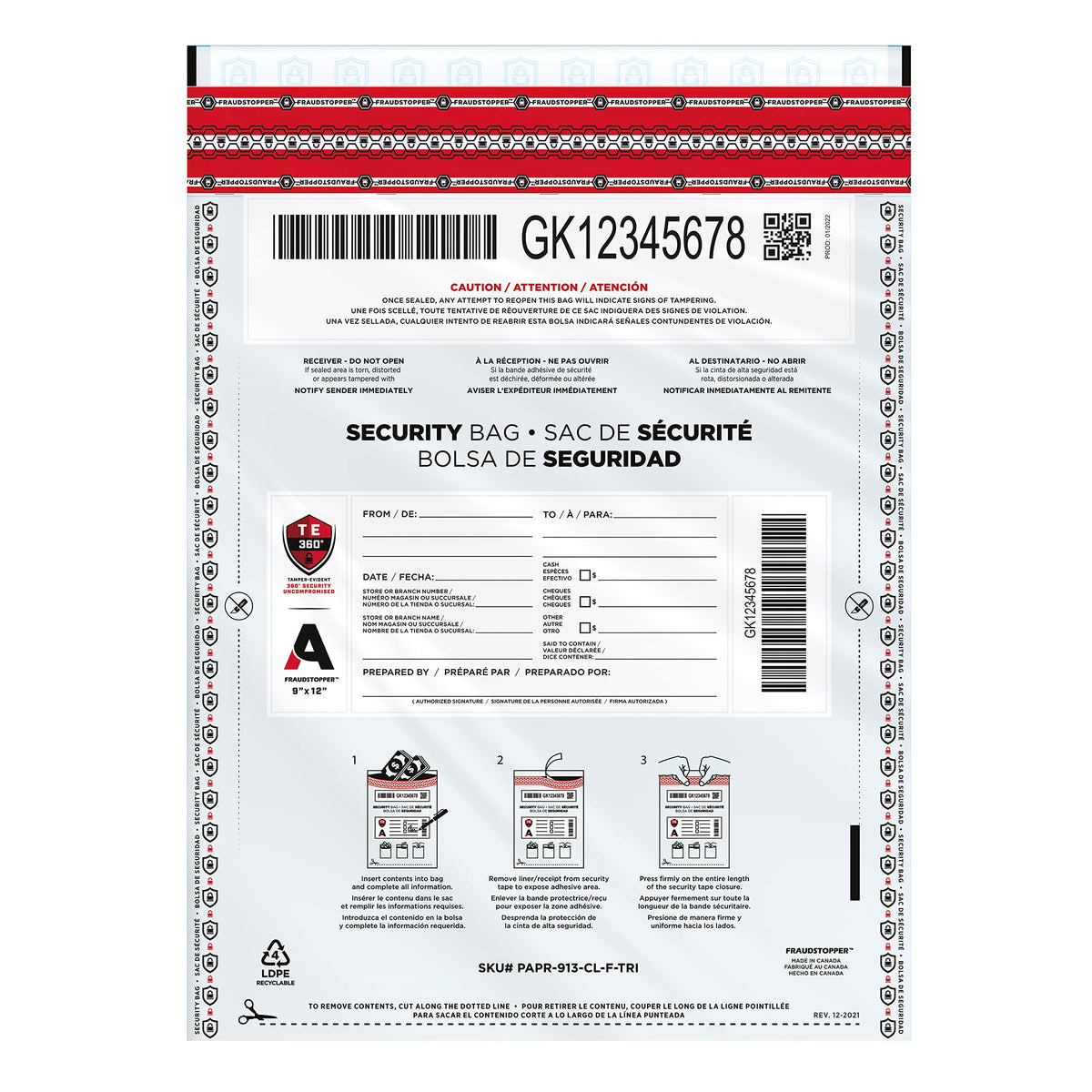 Fraudstopper Level 4 9x12 Clear Tamper Evident Bag